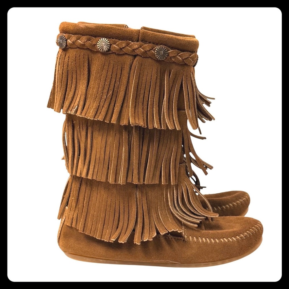 Minnetonka Moccasin Boots 3 Layer Fringe Girl Size 2 Brown Suede Zip 10" Tall